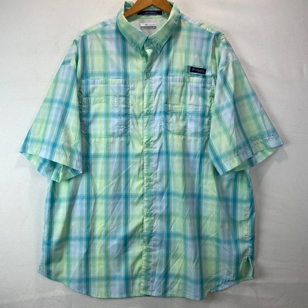 Columbia PFG Super Tamiami Mens XXL Blue Green Plaid Short Sleeve Fishing Shirt